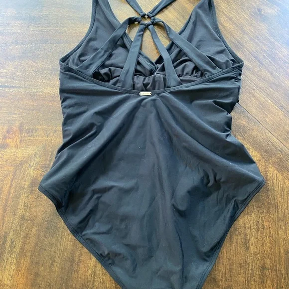 Calvin Klein Black ruched One Piece Swimsuit with V-Neck Halter - Picture 2 of 5